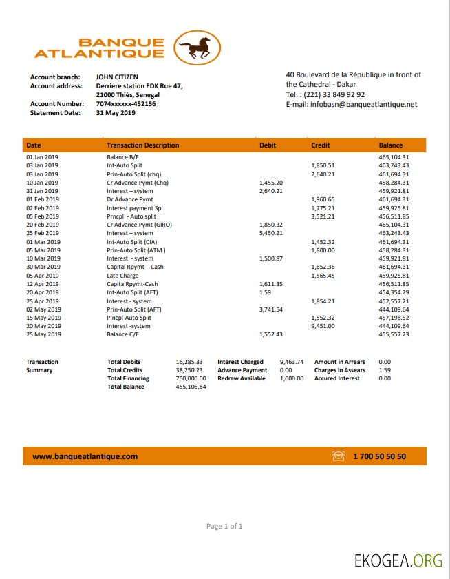 Modèle de relevé bancaire Sénégal Banque Atlantique facile à remplir au format Word et PDF